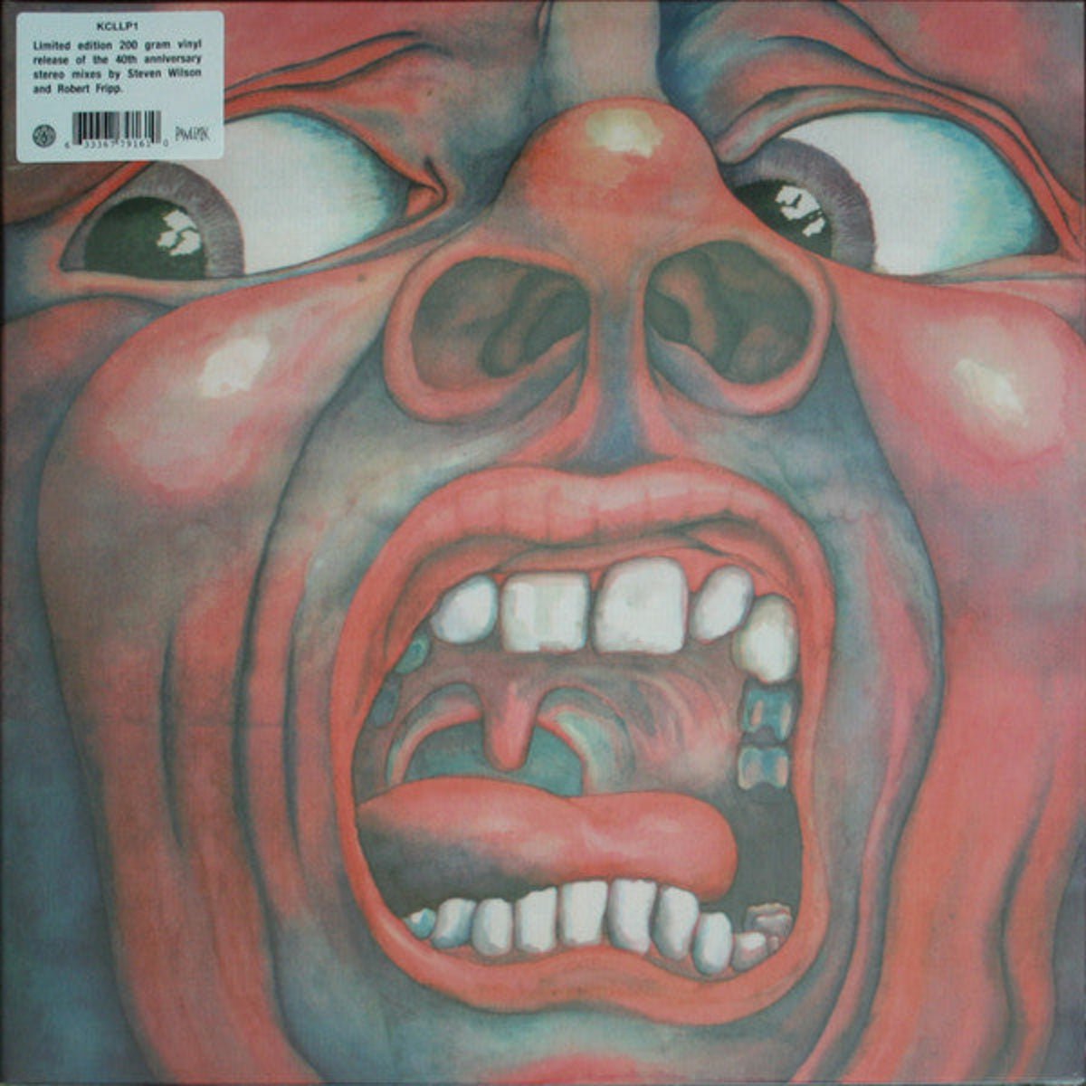Album cover art for King Crimson - In The Court Of The Crimson King featuring a stylized, abstract red and blue illustration.