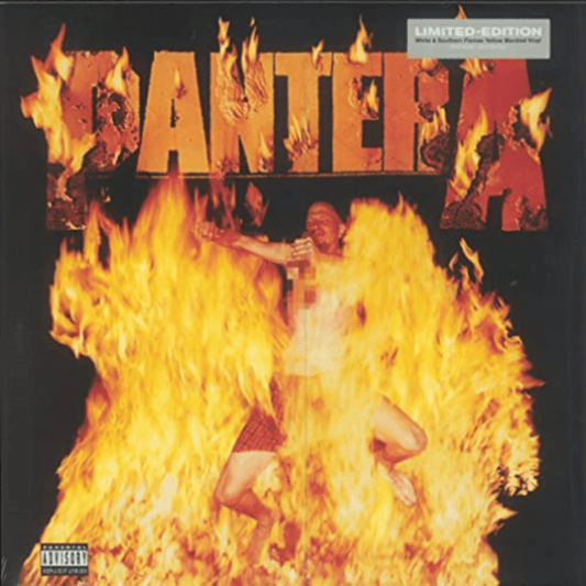 Pantera Reinventing The Steel album on white and yellow marbled vinyl.