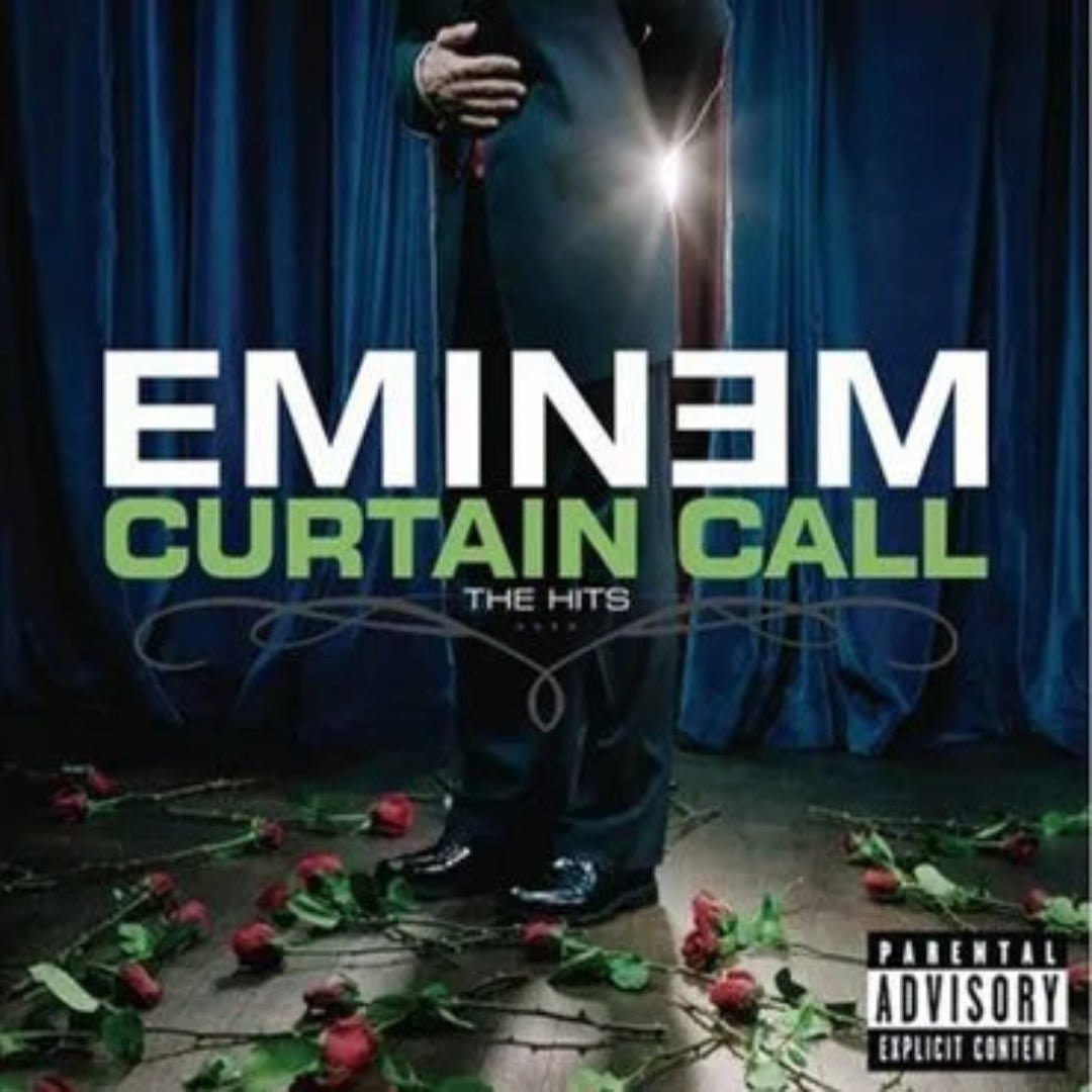 Curtain Call The Hits by Eminem featuring bold stage imagery and dramatic blue backdrop.