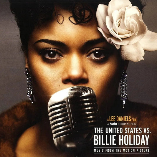 Gold vinyl LP of The United States Vs. Billie Holiday soundtrack by Andra Day with elegant cover art.