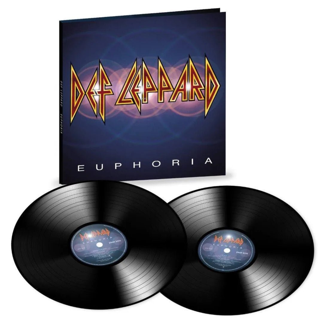 Black vinyl record of Def Leppard’s Euphoria album beside gatefold sleeve