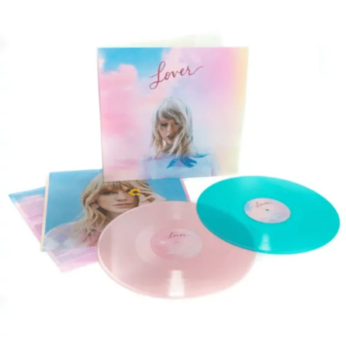 Lover double vinyl by Taylor Swift on pink and blue discs with hit pop singles