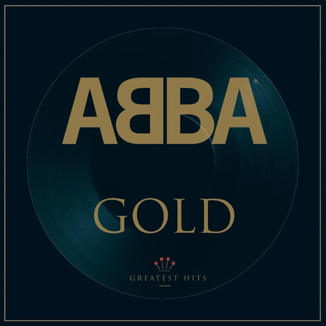 ABBA - Gold Greatest Hits album cover featuring text in a circular arrangement with a dark background.