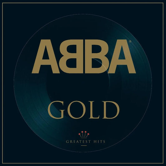 ABBA - Gold Greatest Hits album cover featuring text in a circular arrangement with a dark background.