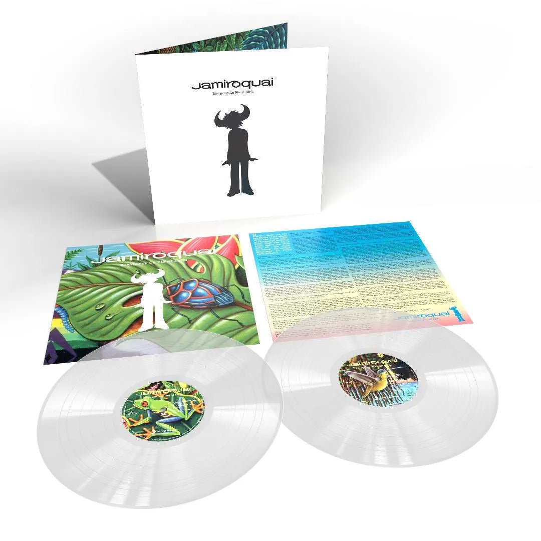 Close-up of transparent vinyl discs from Jamiroquai’s Emergency On Planet Earth reissue.