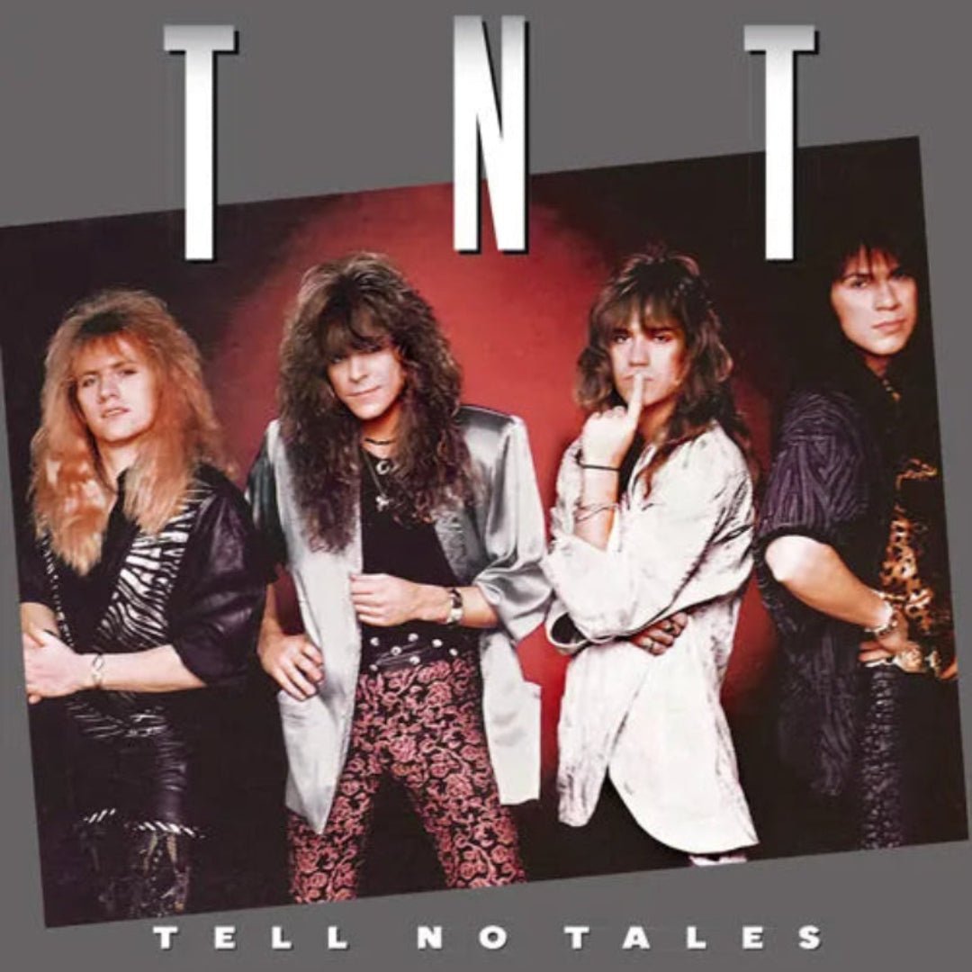 TNT Tell No Tales album cover artwork with bold glam rock styling and logo