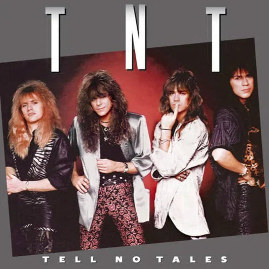 TNT Tell No Tales album cover artwork with bold glam rock styling and logo