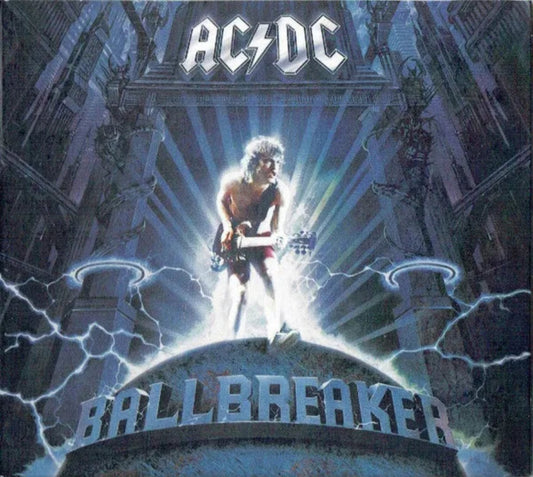 AC/DC Ballbreaker album cover featuring Brian Johnson and the Young brothers’ signature hard rock style.