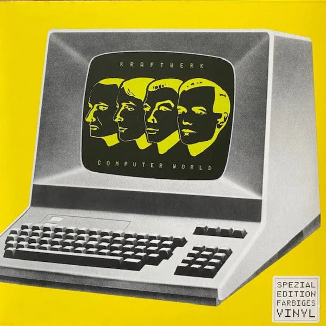 Yellow vinyl edition of Kraftwerk’s Computer World showcasing classic electronic design.