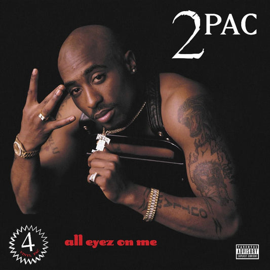Front cover of 2Pac – All Eyez On Me 4 LP vinyl set featuring iconic portrait artwork

