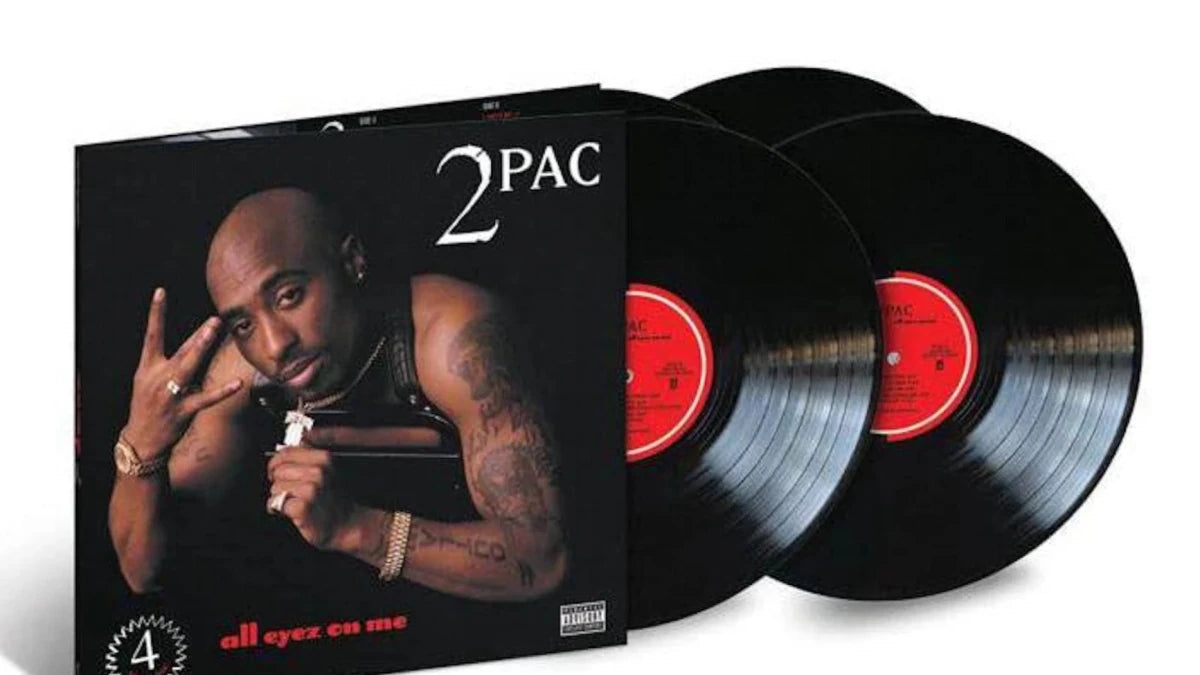 Close-up of black vinyl records from 2Pac – All Eyez On Me deluxe 4 LP edition
